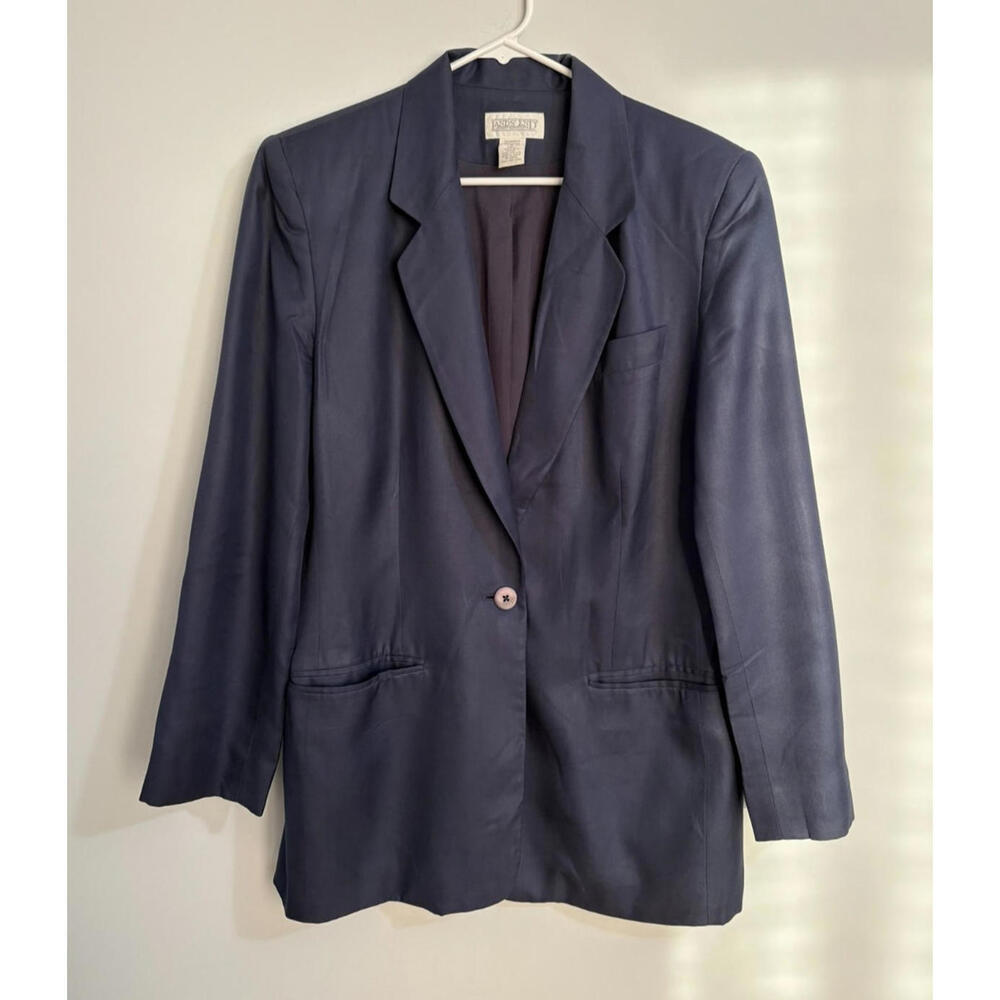 Womens Lands' End Silk Blazer Jacket Sz 12 Navy Lined Pockets Classic Minimalist